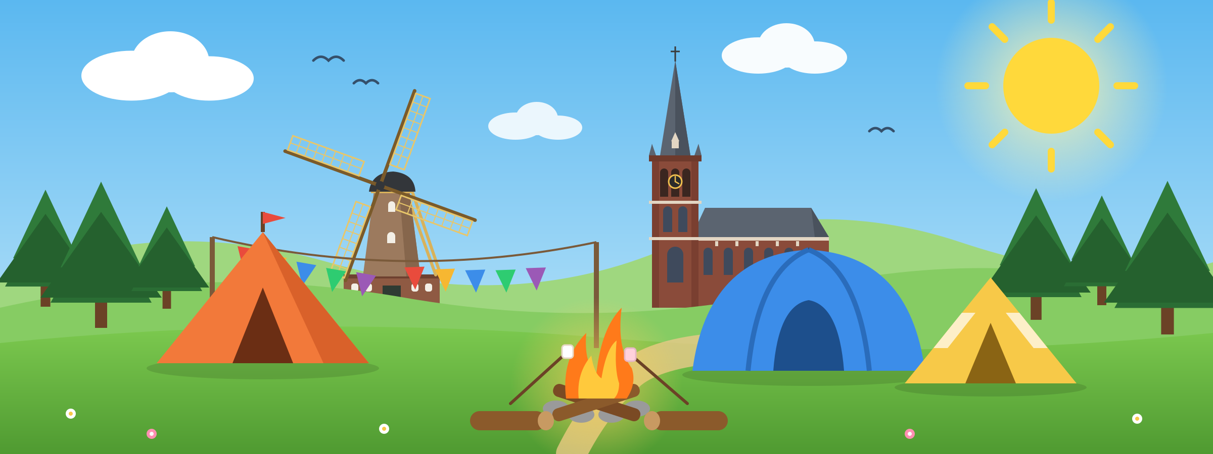 Illustratie van een camping met tenten, een kampvuur en vlaggetjes, met de kerk en de molen van Eerde op de achtergrond